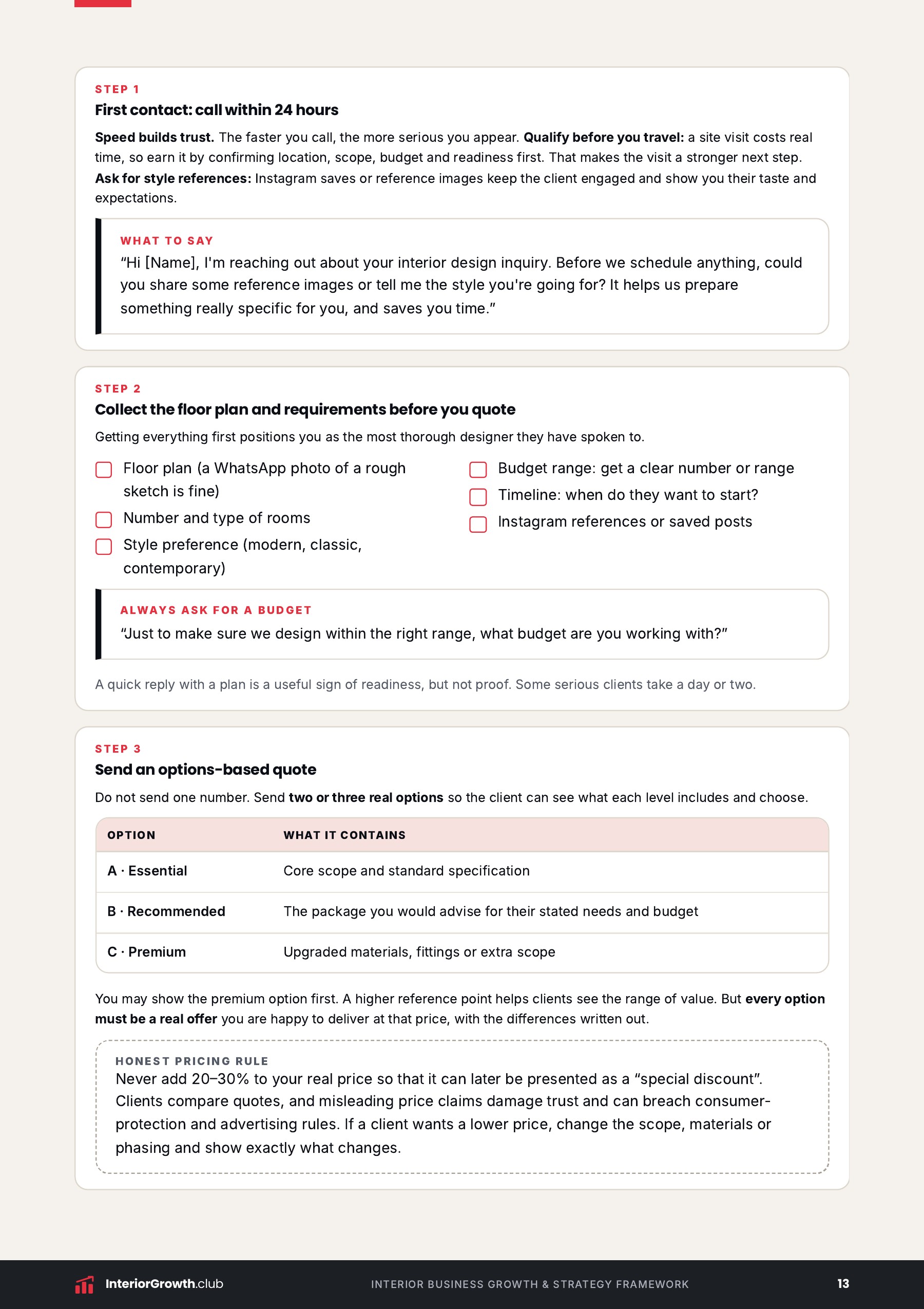 Booking framework page from the kit