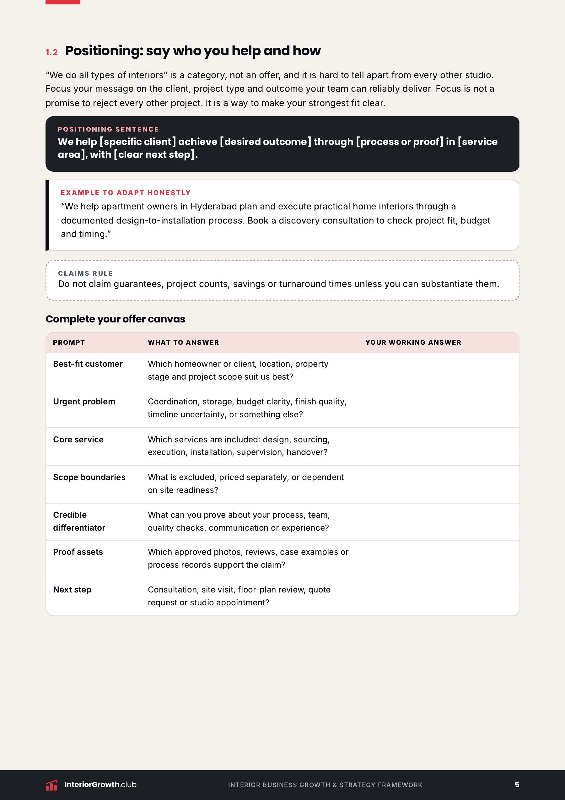 Positioning & offer page from the kit